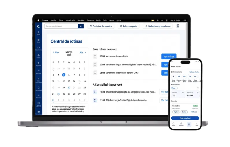 Mockup da plataforma Contabilizei mostrando o acompanhamento de notas fiscais e impostos
