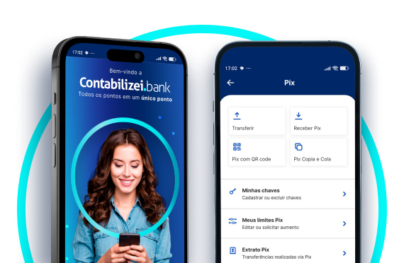 Imagem de capa com pessoa sorridente ao celular e tela inicial do aplicativo Contabilizei Bank