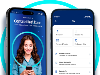Imagem de capa com pessoa sorridente ao celular e tela inicial do aplicativo Contabilizei Bank