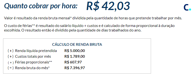 Simulação de uma conta feita na Calculadora Freelancer